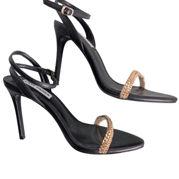 Steve Madden Marie Black Strappy Heels Gold Chain Detail Size 6.5 - Picture 2 of 8